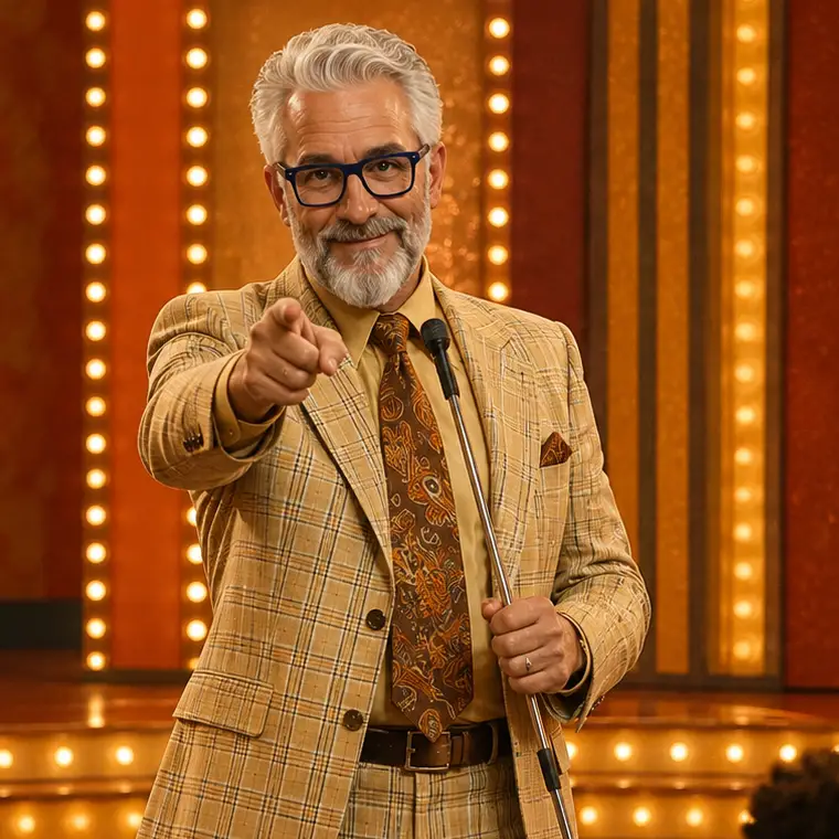 Jim on a bright retro game show stage
